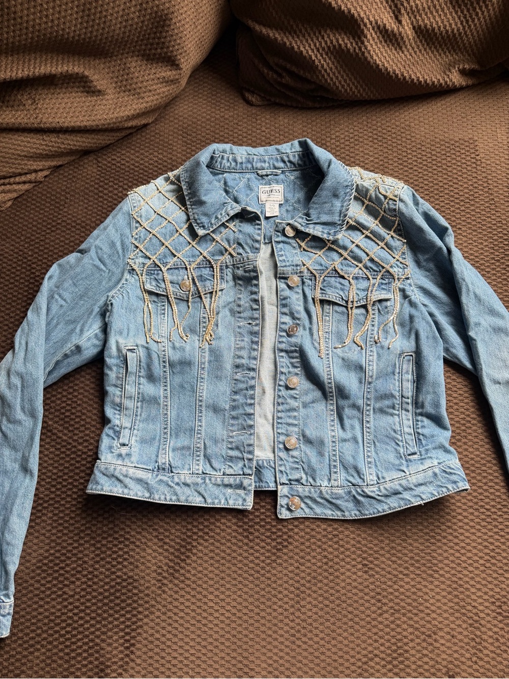 GUESS Light Blue Denim Jacket with Beaded Fringe Detail